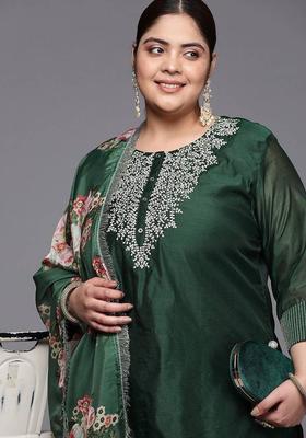 Green Embroidery Silk Kurta Set