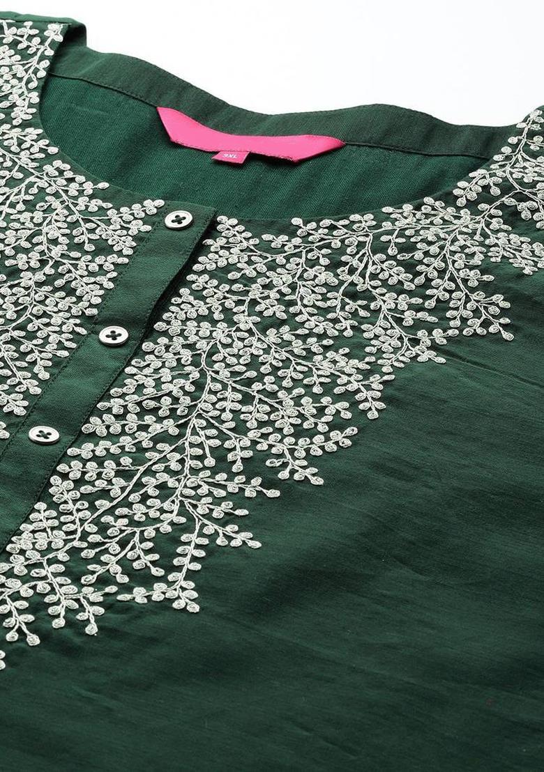 Green Embroidery Silk Kurta Set - Indya