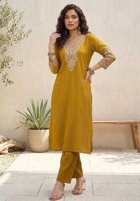 Mustard Embroidery Silk Kurta Set