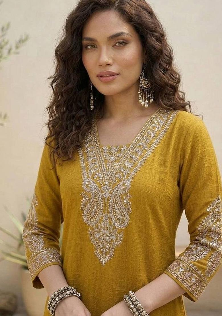 Mustard Embroidery Silk Kurta Set - Indya