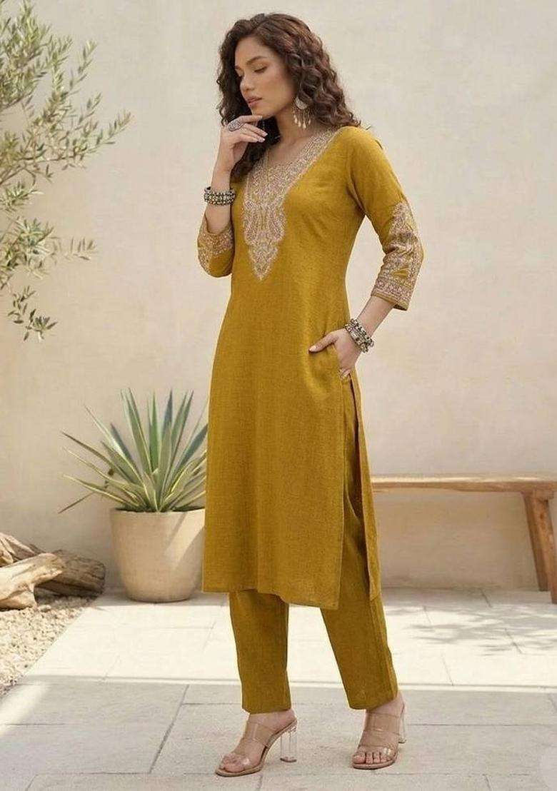 Mustard Embroidery Silk Kurta Set - Indya
