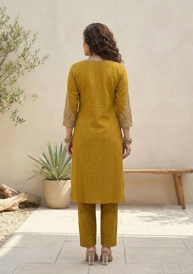 Mustard Embroidery Silk Kurta Set - Indya
