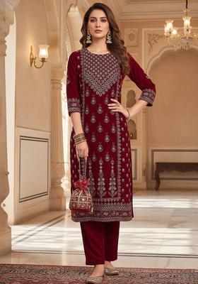 Maroon Floral Print Velvet Kurta Set