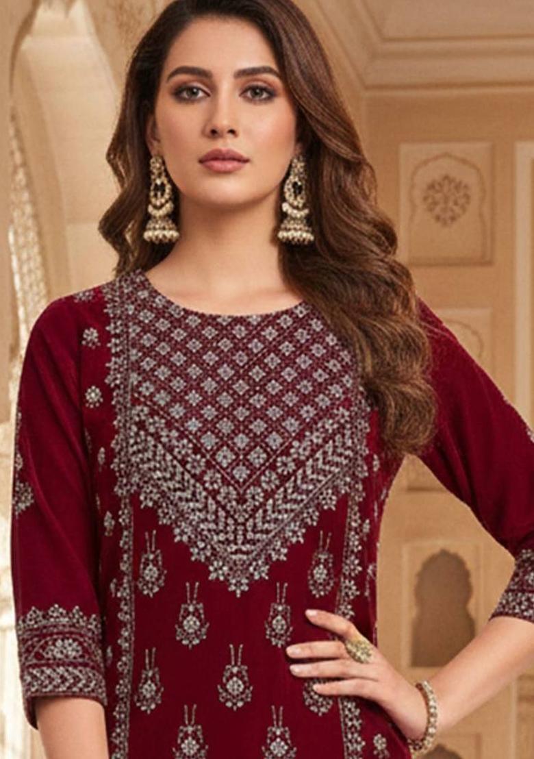 Maroon Floral Print Velvet Kurta Set - Indya