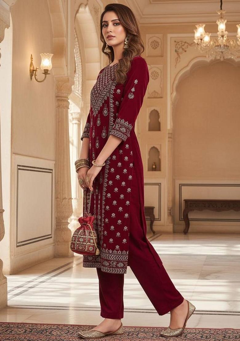 Maroon Floral Print Velvet Kurta Set - Indya