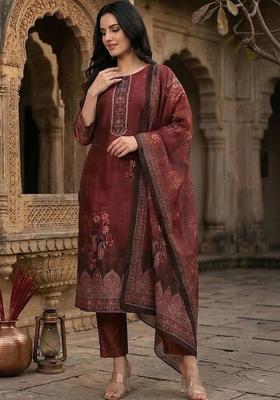 Maroon Floral Print Silk Kurta Set