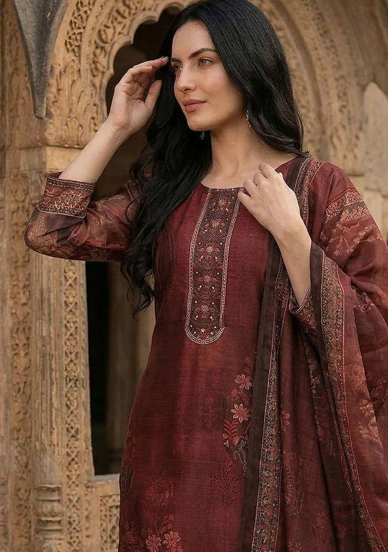 Maroon Floral Print Silk Kurta Set - Indya