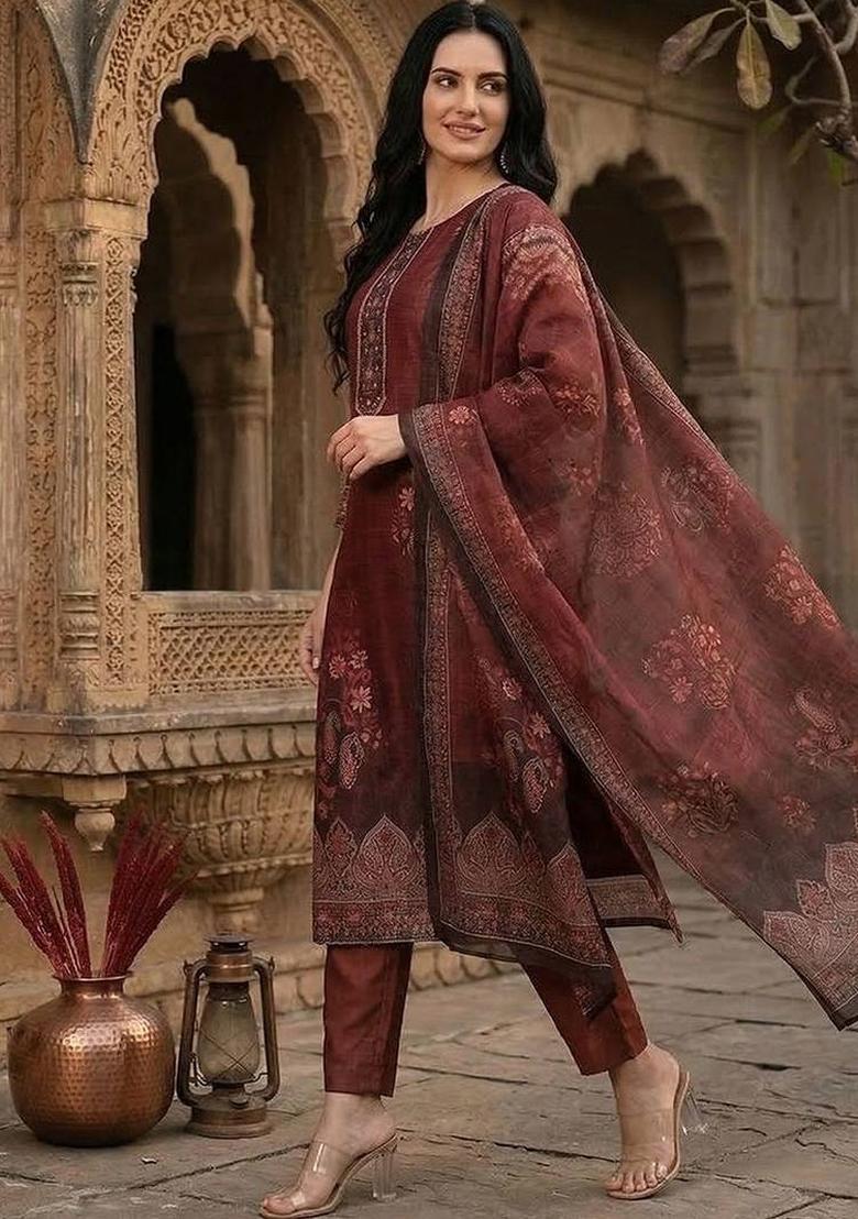 Maroon Floral Print Silk Kurta Set - Indya
