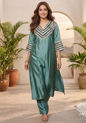 Sea Green Solid Silk Kurta Set