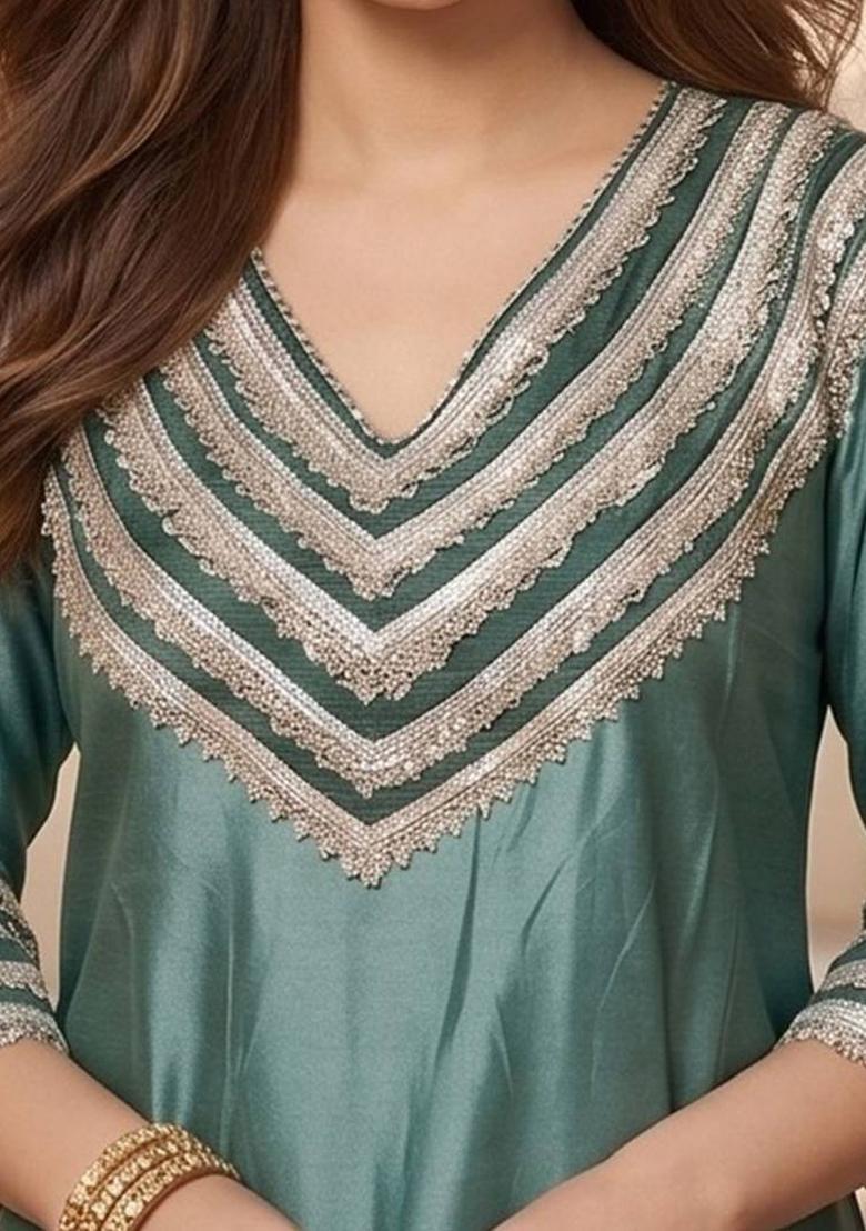 Sea Green Solid Silk Kurta Set - Indya