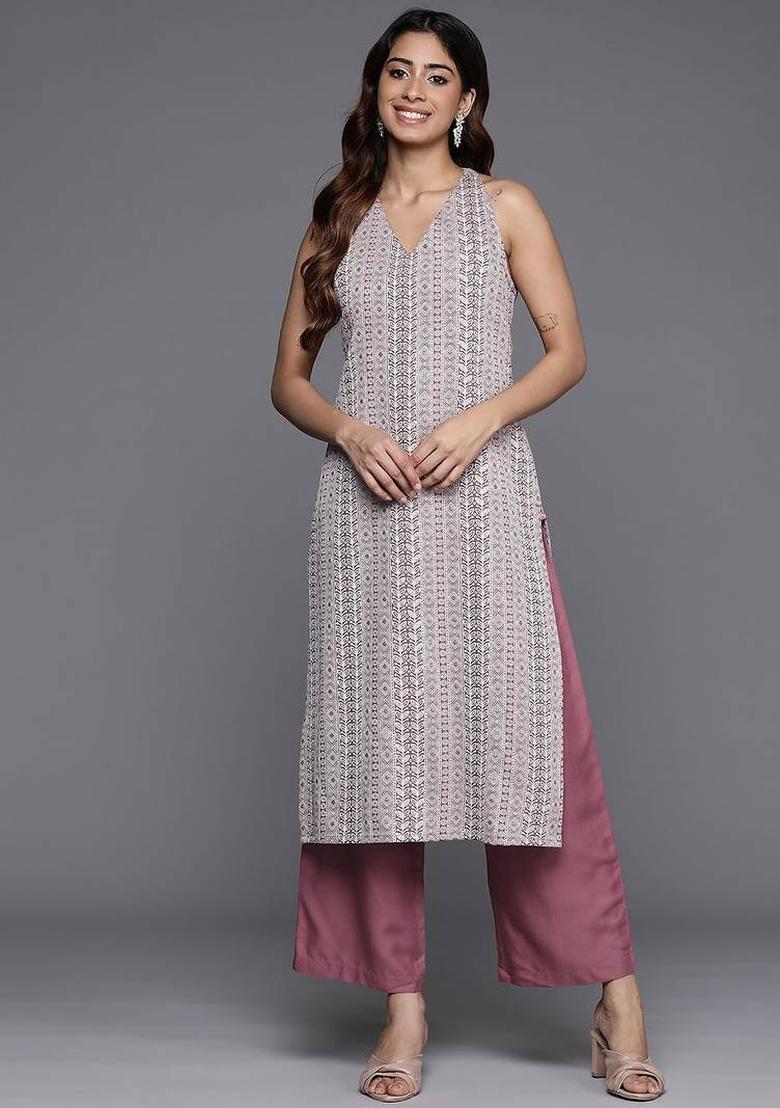 Mauve Solid Rayon Kurta Set - Indya