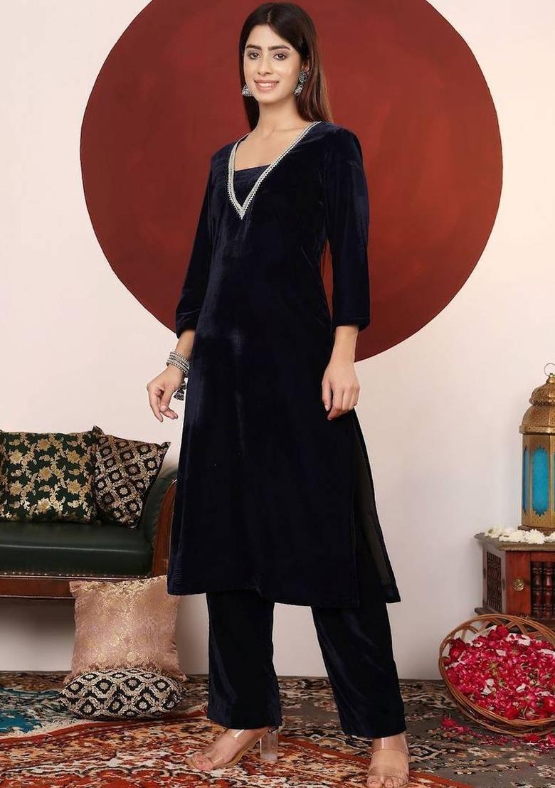 Navy Blue Solid Velvet Kurta Set - Indya