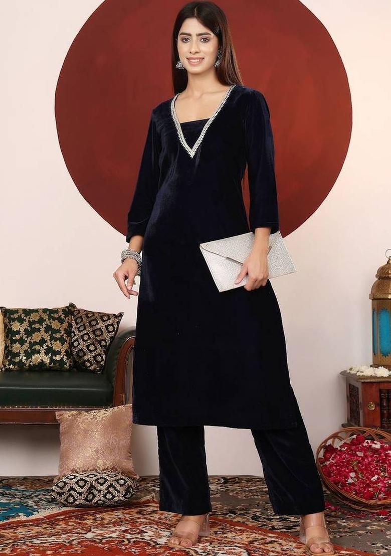Navy Blue Solid Velvet Kurta Set - Indya