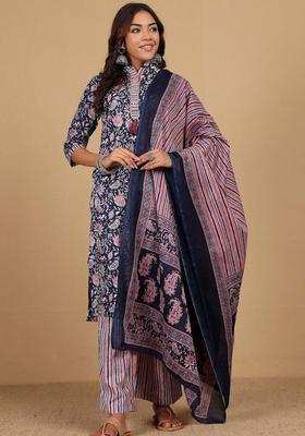Navy Blue Floral Print Cotton Kurta Set