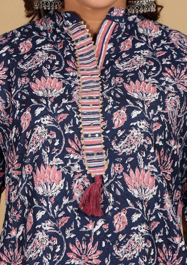 Navy Blue Floral Print Cotton Kurta Set - Indya