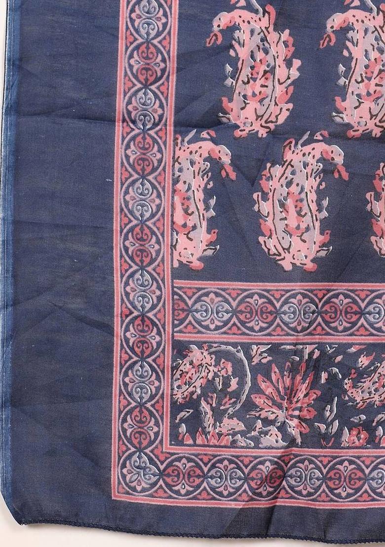 Navy Blue Floral Print Cotton Kurta Set - Indya