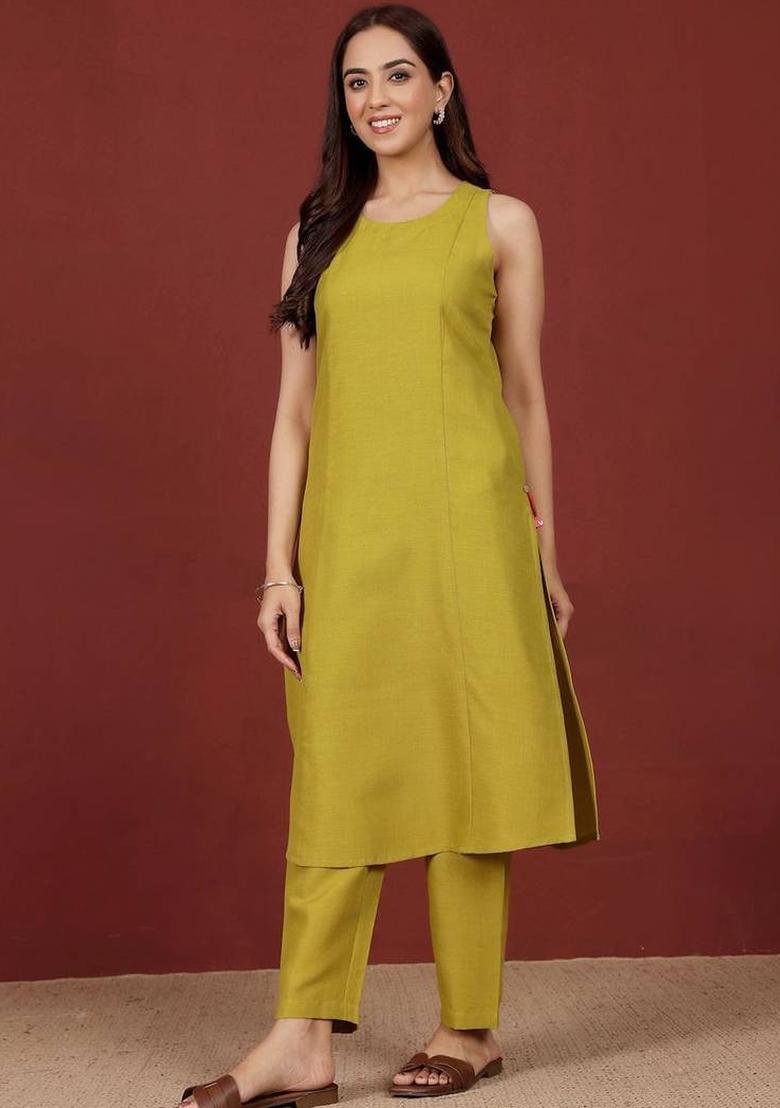 Lime Green Solid Cotton Kurta Set - Indya