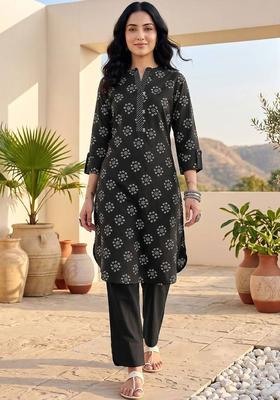 Black Floral Print Cotton Kurta Set