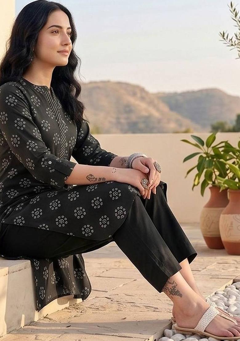 Black Floral Print Cotton Kurta Set - Indya