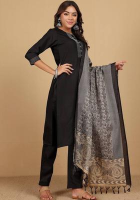 Black Thread Work Cotton Kurta Set
