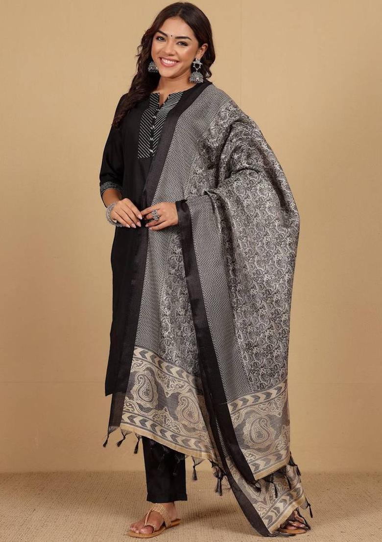 Black Thread Work Cotton Kurta Set - Indya