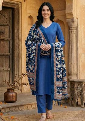 Blue Solid Cotton Kurta Set