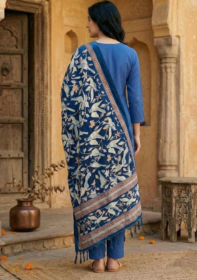 Blue Solid Cotton Kurta Set - Indya
