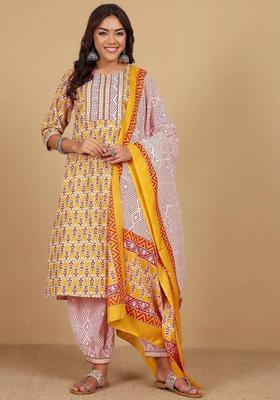 Yellow Floral Print Cotton Kurta Set