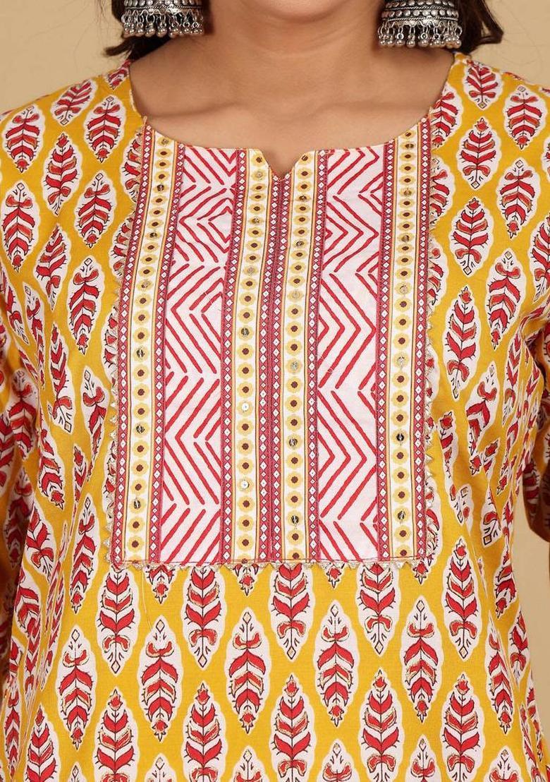 Yellow Floral Print Cotton Kurta Set - Indya