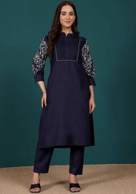 Navy Blue Thread Work Cotton Kurta Set