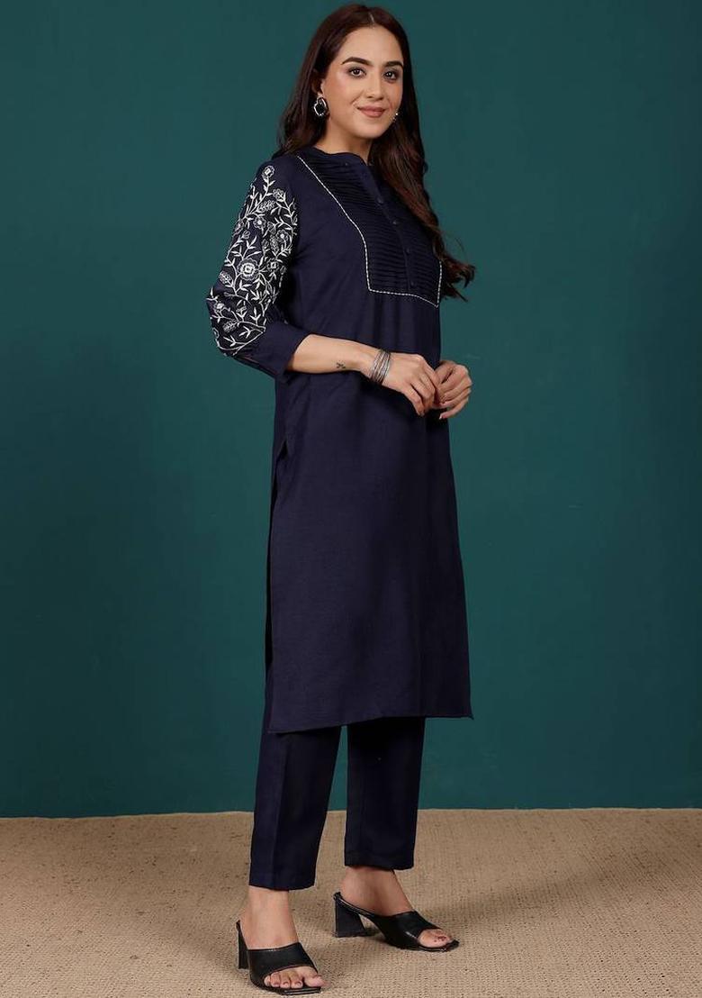 Navy Blue Thread Work Cotton Kurta Set - Indya