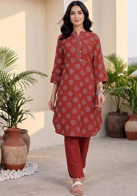 Red Floral Print Cotton Kurta Set