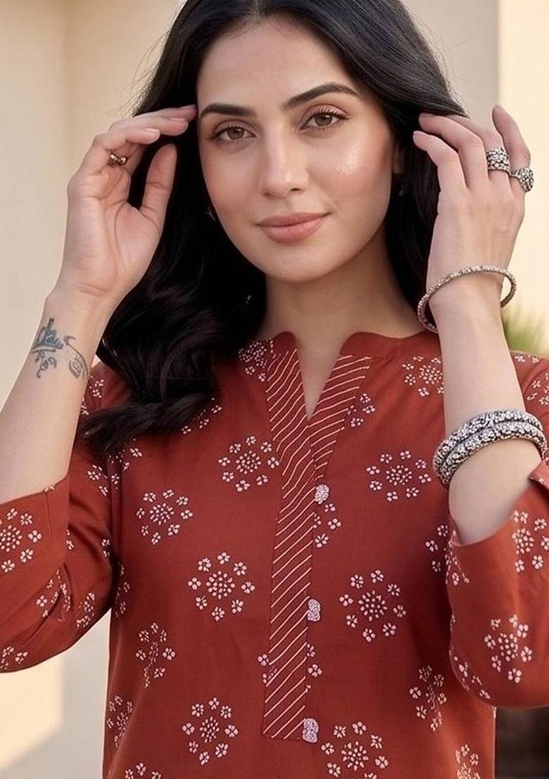 Red Floral Print Cotton Kurta Set - Indya