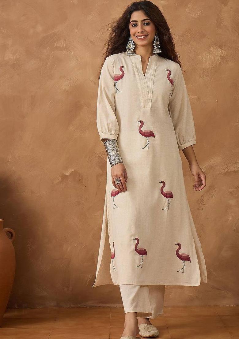 Off White Embroidery Cotton Kurta Set - Indya