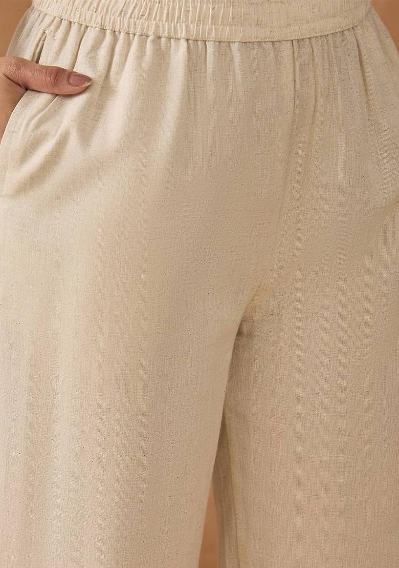 Off White Embroidery Cotton Kurta Set - Indya