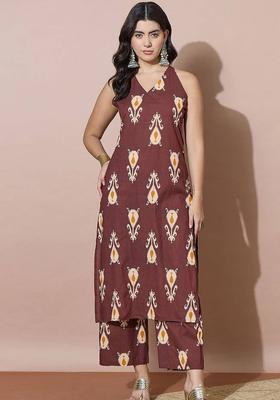 Brown Floral Print Cotton Kurta Set
