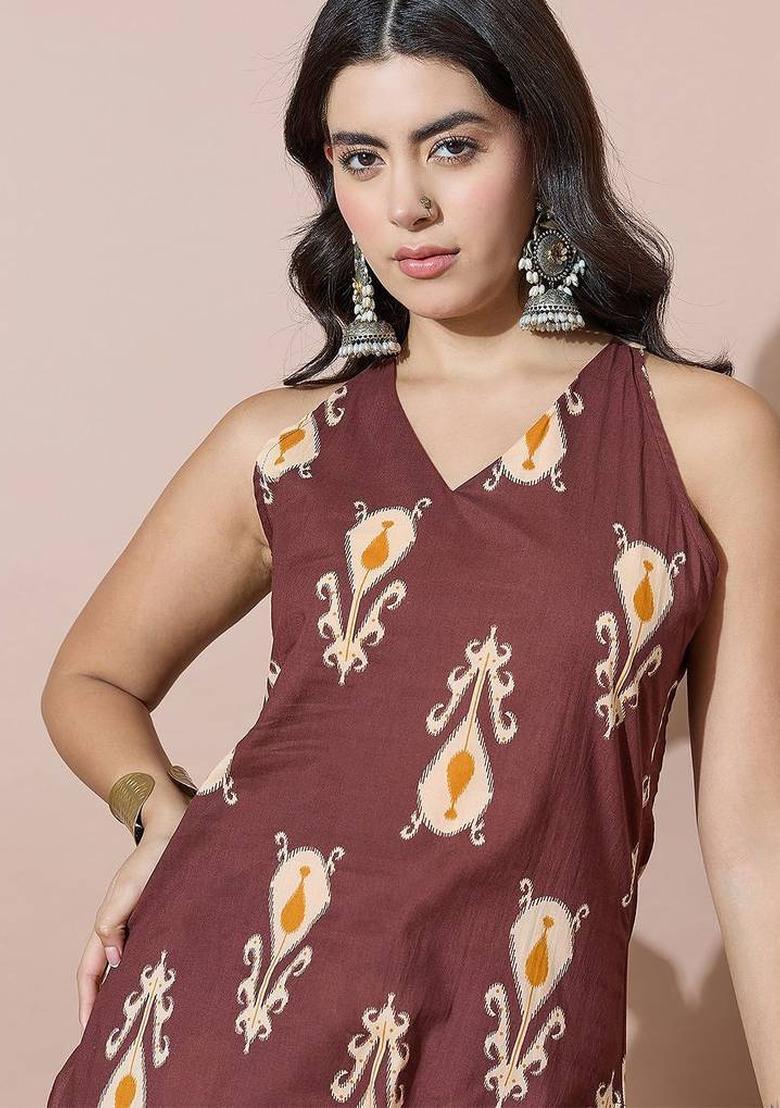 Brown Floral Print Cotton Kurta Set - Indya