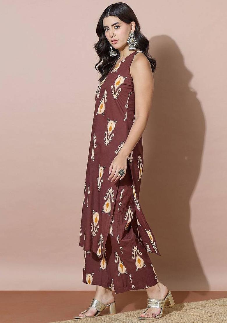 Brown Floral Print Cotton Kurta Set - Indya