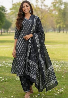 Black Floral Print Cotton Kurta Set
