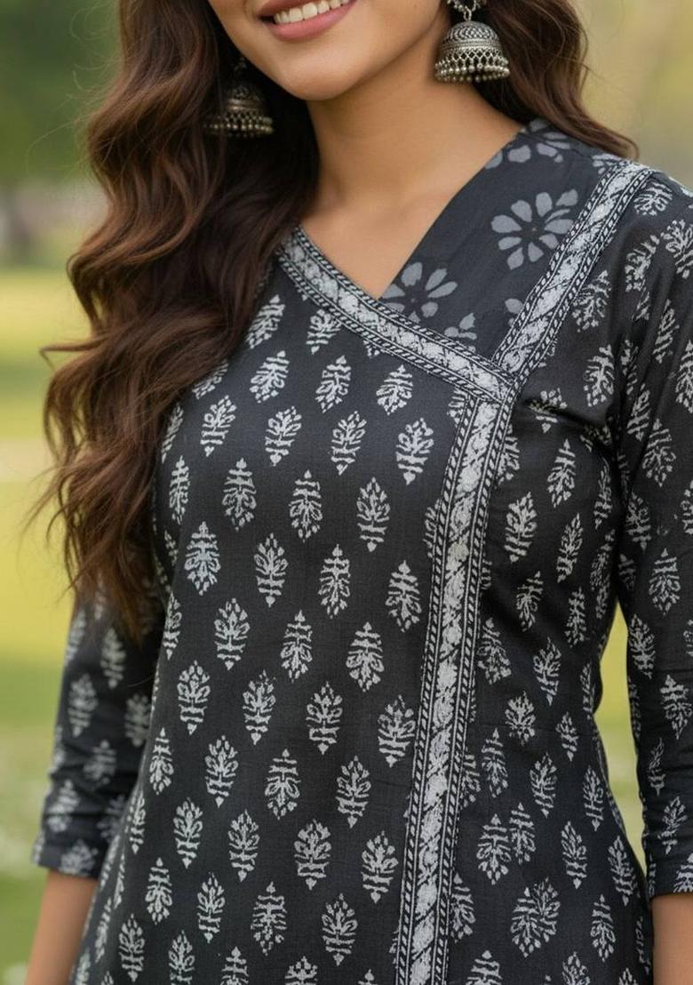Black Floral Print Cotton Kurta Set - Indya