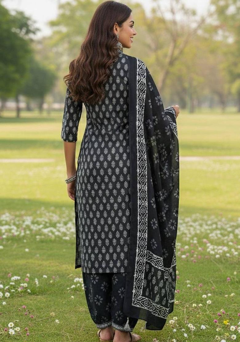 Black Floral Print Cotton Kurta Set - Indya
