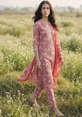 Red Floral Print Cotton Kurta Set