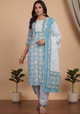 Blue Floral Print Cotton Kurta Set