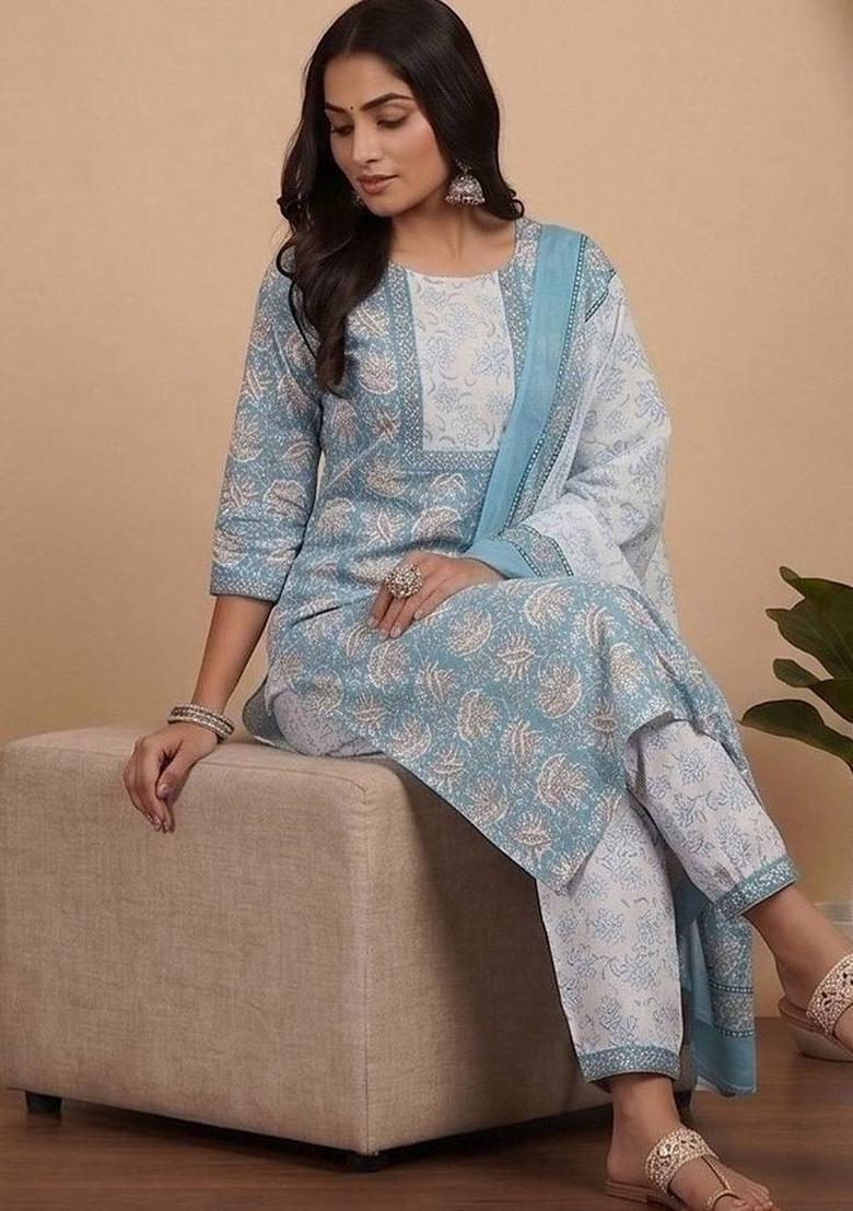 Blue Floral Print Cotton Kurta Set - Indya