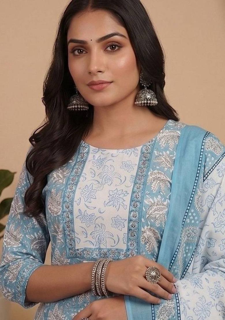 Blue Floral Print Cotton Kurta Set - Indya