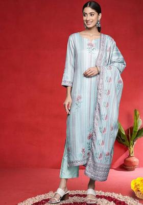 Blue Floral Print Cotton Kurta Set