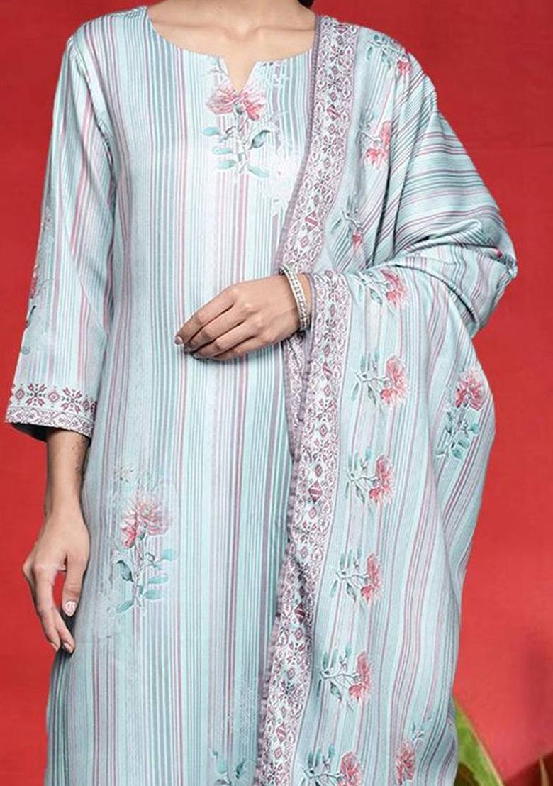 Blue Floral Print Cotton Kurta Set - Indya