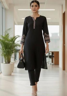 Black Embroidery Cotton Kurta Set