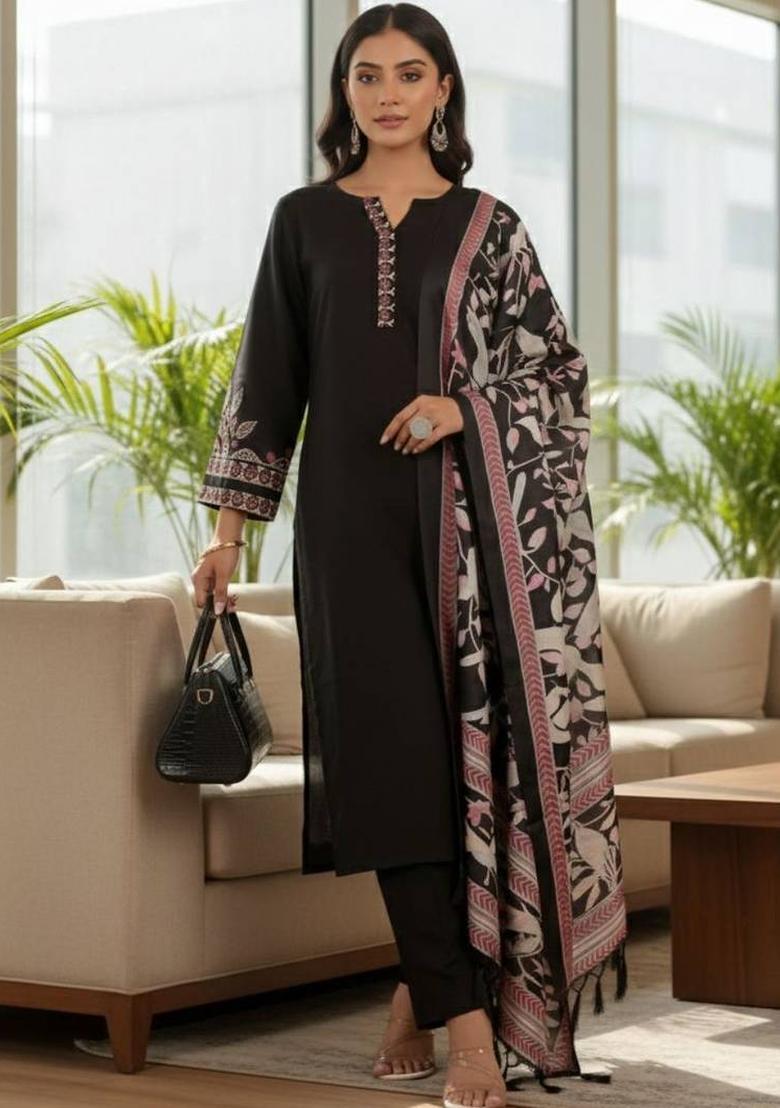 Black Embroidery Cotton Kurta Set - Indya