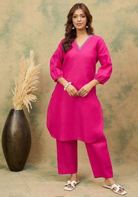 Fuchsia Solid Cotton Kurta Set